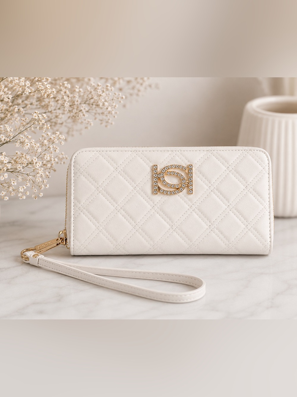 Bebe White Quilted Zip Around Wallet Wristlet Rhinestone Logo Gold Hardware